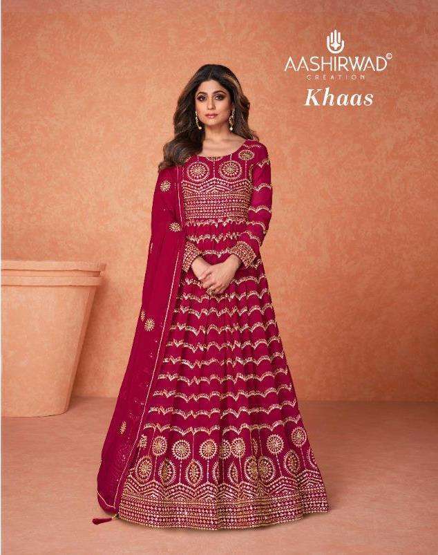 AASHIRWAD CREATION PRESENTS KHAAS FULL STITCHED LONG PARTY WEAR DESIGNER SUITS IN WHOLESALE PRICE IN SURAT - SAIDHARANX