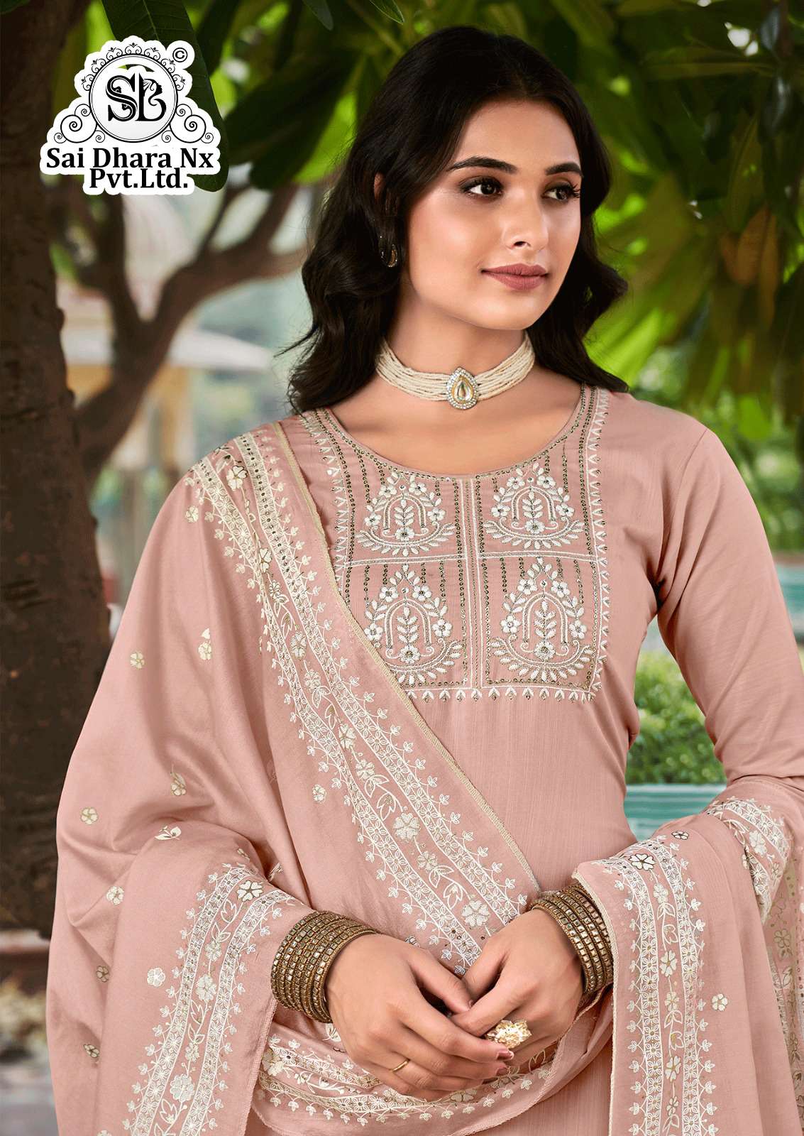 Fushcia pink embroidered 3pcs Modal Silk material chudidhar set, contrast  plain bottom & double-color sequin dupatta