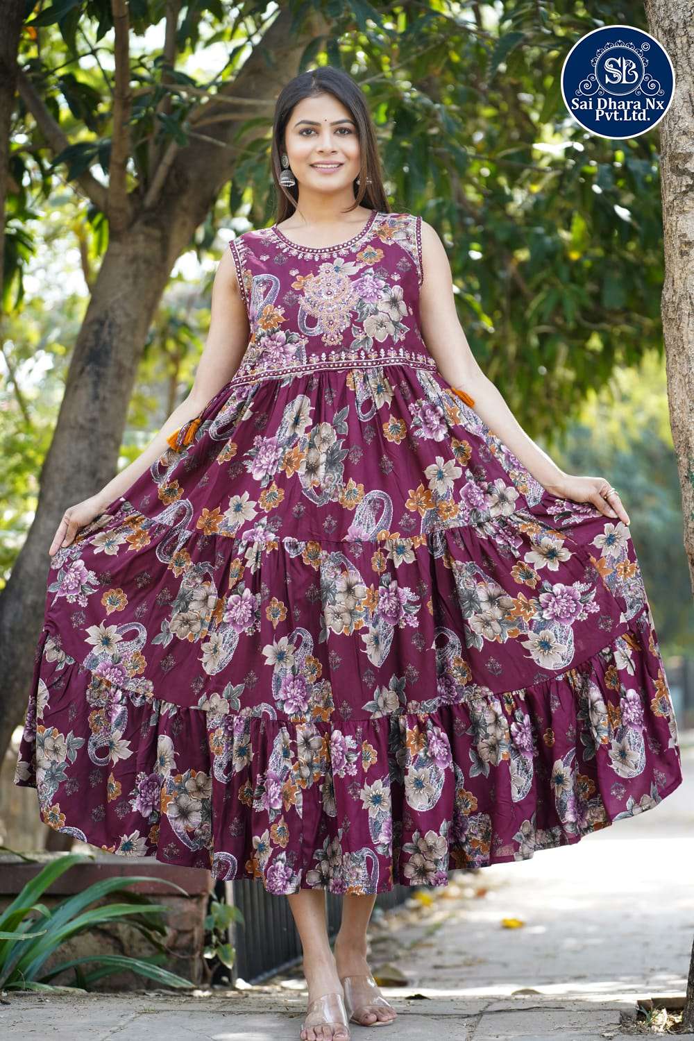 SAIDHARANX PRESENTS PURE COTTON BASED ROUND BOTTOM NEW DESIGN PURPLE READYMADE GOWN COLLECTION WHOLESALE SHOP IN SURAT - SaiDharaNx