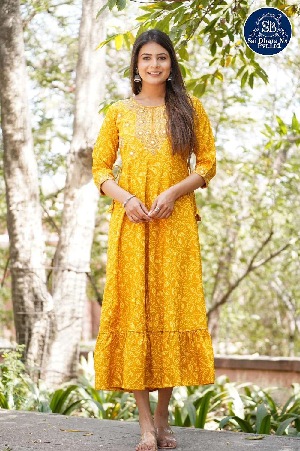 SAIDHARANX PRESENTS PURE COTTON BASED ROUND BOTTOM NEW DESIGN YELLOW READYMADE GOWN COLLECTION WHOLESALE SHOP IN SURAT - SaiDharaNx