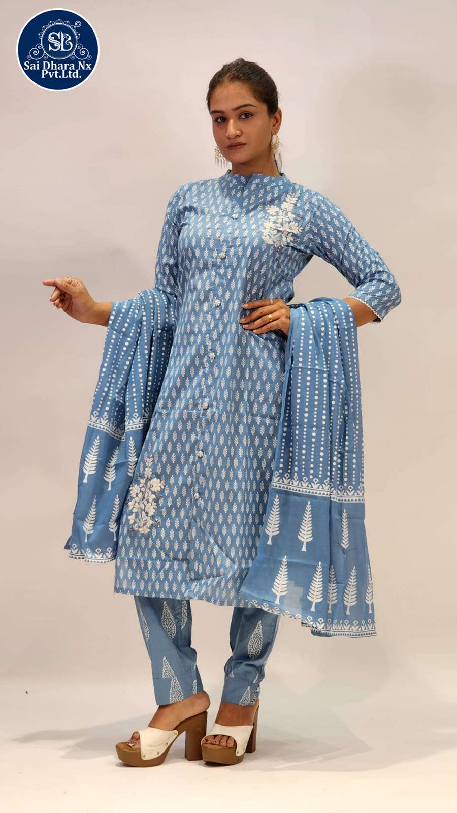 SAIDHARANX PRESENTS PURE COTTON HIGH NECK BLUE EMBROIDERY WORK 3 PIECE COMBO COLLECTION WHOLESALE SHOP IN SURAT - SaiDharaNx