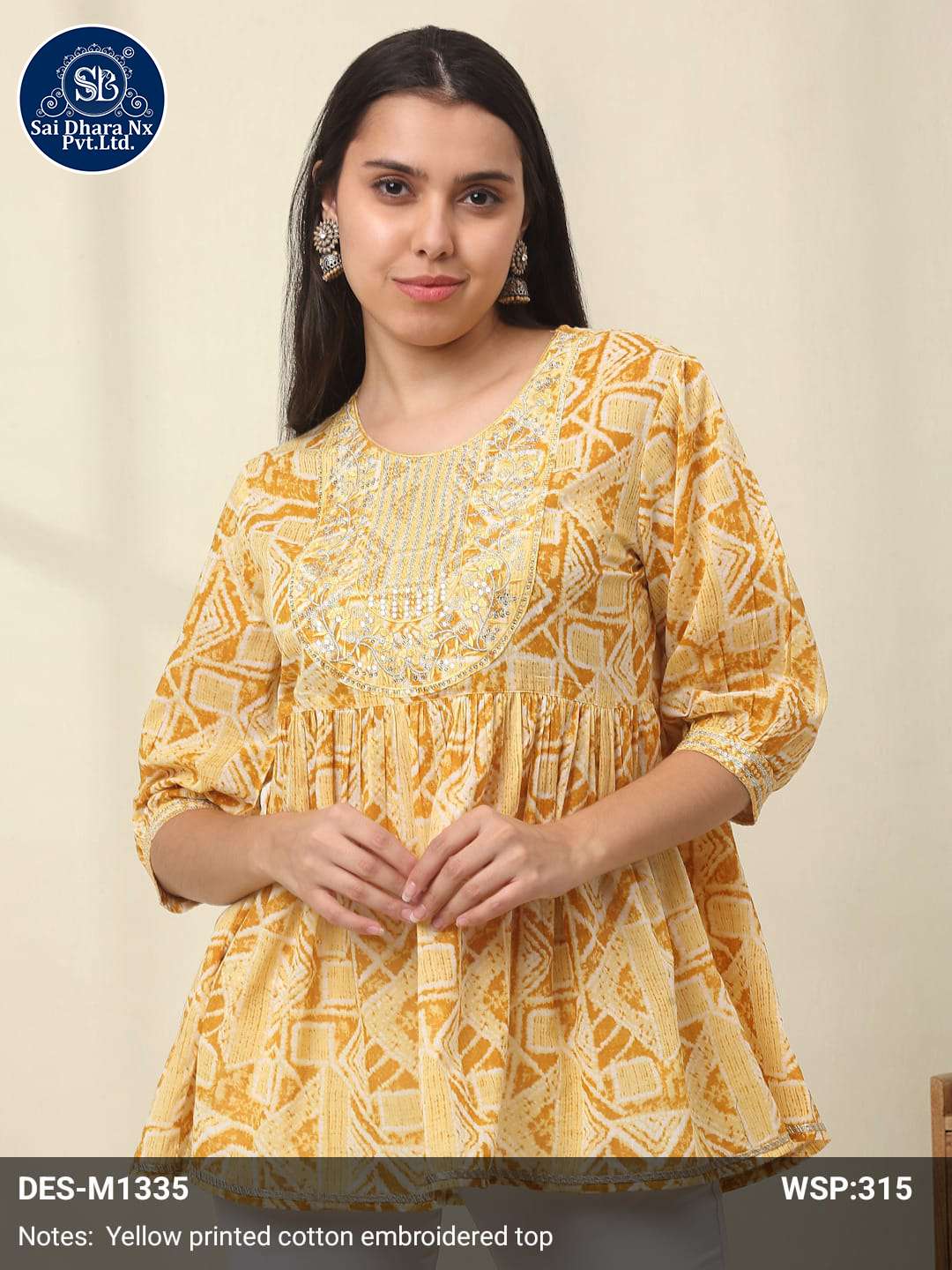 SAIDHARANX PRESENTS YELLOW PRINTED COTTON EMBROIDERED WORK TOP COLLECTION WHOLESALE SHOP IN SURAT - SaiDharaNx