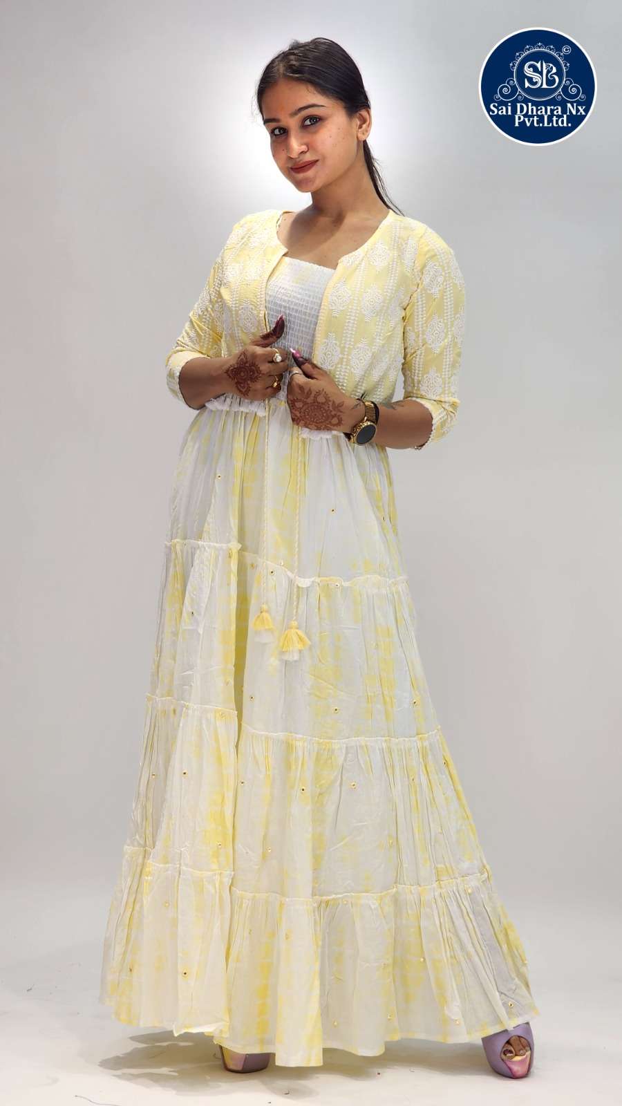 SAIDHARANX PRESENTS PURE COTTON FABRIC HEAVY WORK DESIGNER WHITE & YELLOW GOWN COMBO READYMADE COLLECTION WHOLESALE SHOP IN SURAT - SaiDharaNx
