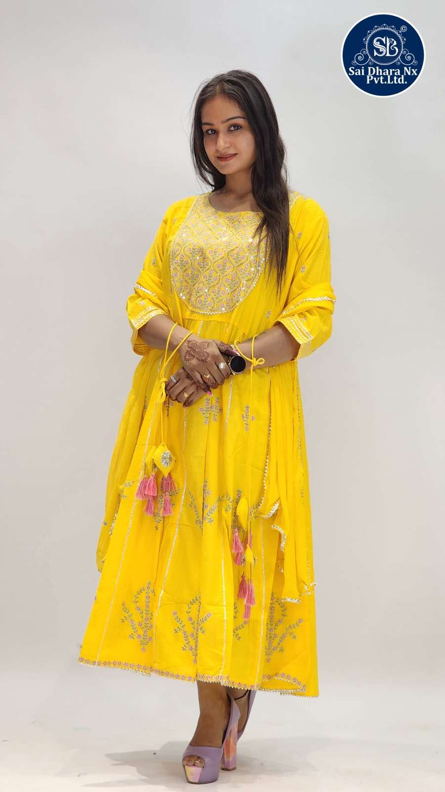 SAIDHARANX PRESENTS PURE COTTON FABRIC HEAVY WORK DESIGNER YELLOW GOWN COMBO READYMADE COLLECTION WHOLESALE SHOP IN SURAT - SaiDharaNx