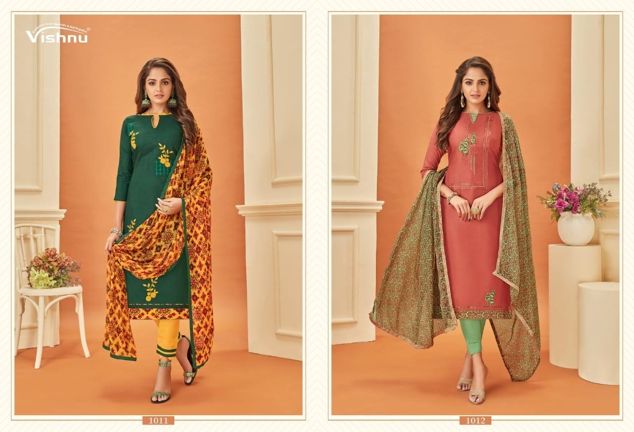 Malaika Vol 3 By Vishnu Cotton Slub Designer Work Dress Materials