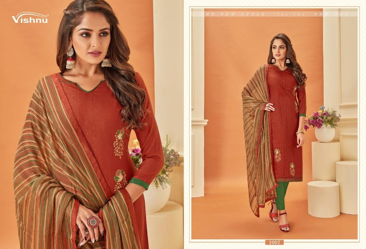 Malaika Vol 3 By Vishnu Cotton Slub Designer Work Dress Materials