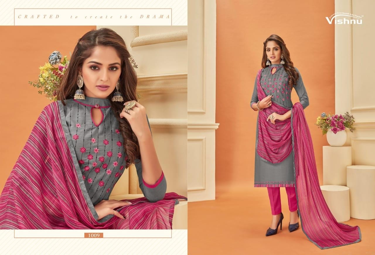 Malaika Vol 3 By Vishnu Cotton Slub Designer Work Dress Materials