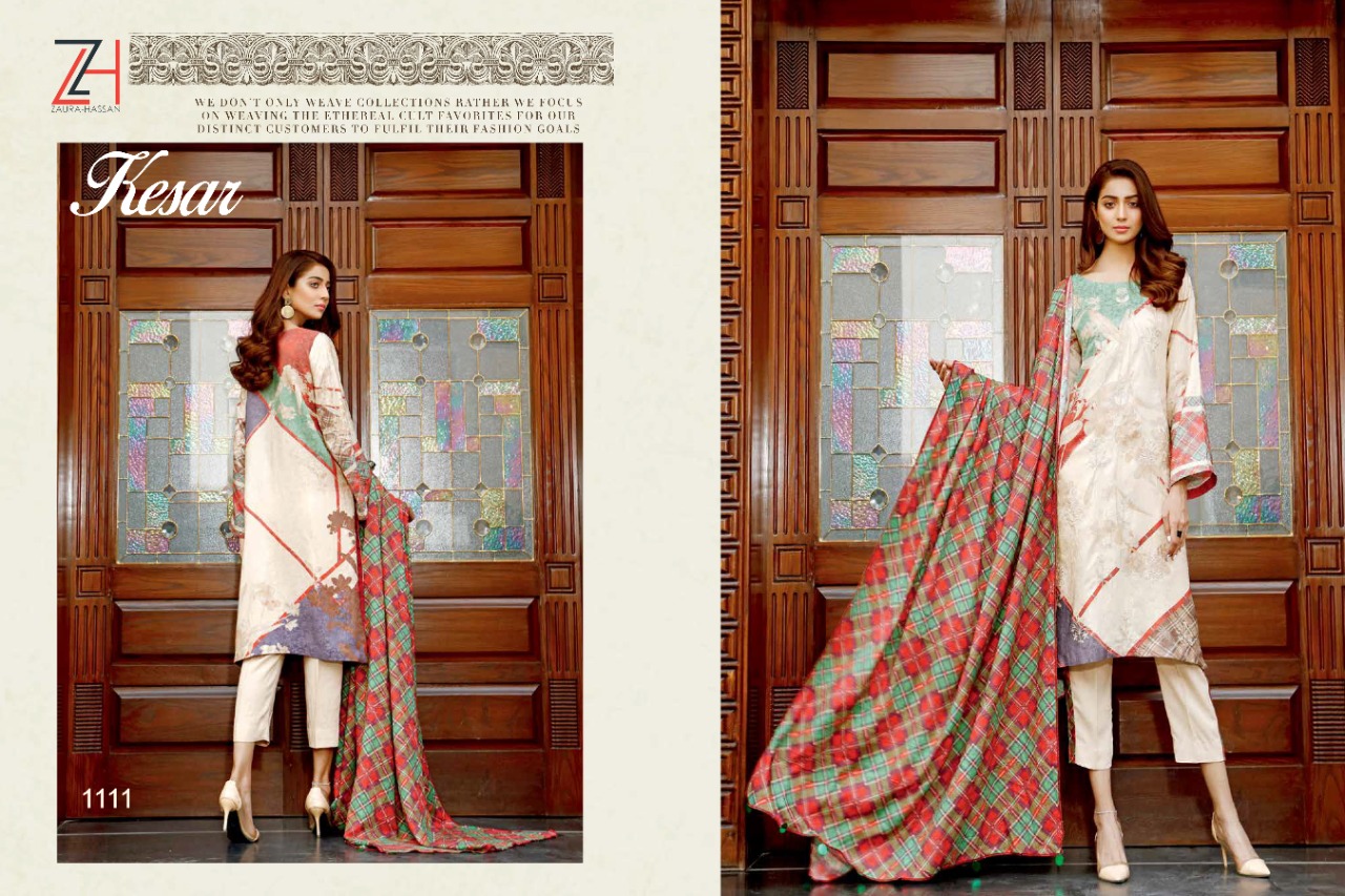 Zaura Hassan Kesar Pure Jam Cotton Print With Embroidery Work Dress Material