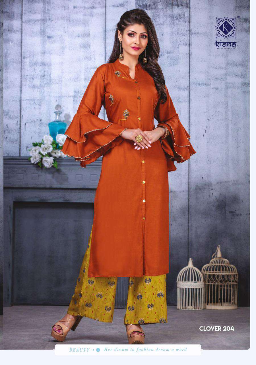 Clover Vol-2 By Kiana 201 To 206 Series Beautiful Colorful Stylish Fancy Casual Wear & Ready To Wear 14 Kg Rayon With Work Kurtis With Bottom At Wholesale Price