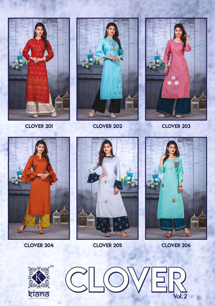 Clover Vol-2 By Kiana 201 To 206 Series Beautiful Colorful Stylish Fancy Casual Wear & Ready To Wear 14 Kg Rayon With Work Kurtis With Bottom At Wholesale Price