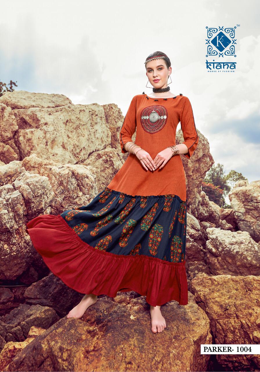 Kiana Parker Fancy Designer Printed Rayon With Embroidery Work Long Flair Readymade Kurtis Collection Surat