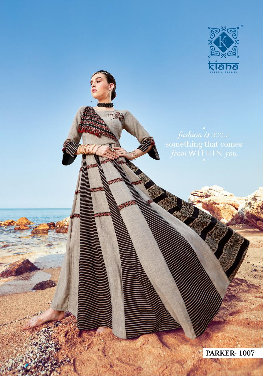 Kiana Parker Fancy Designer Printed Rayon With Embroidery Work Long Flair Readymade Kurtis Collection Surat