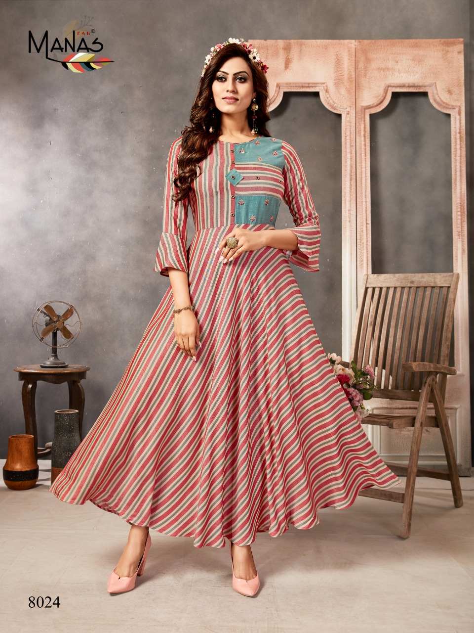 Manas Fab Classic Vol 3 Printed Rayon With Work Long Flair Readymade Kurtis