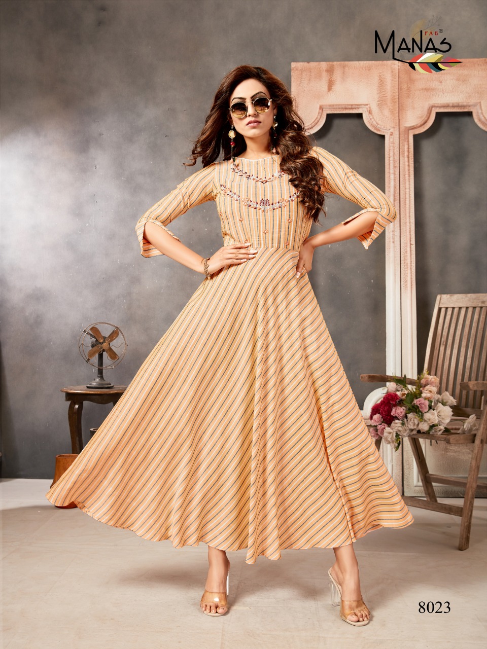 Manas Fab Classic Vol 3 Printed Rayon With Work Long Flair Readymade Kurtis