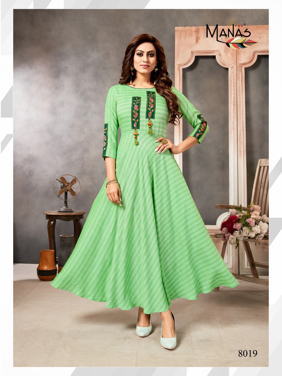 Manas Fab Classic Vol 3 Printed Rayon With Work Long Flair Readymade Kurtis