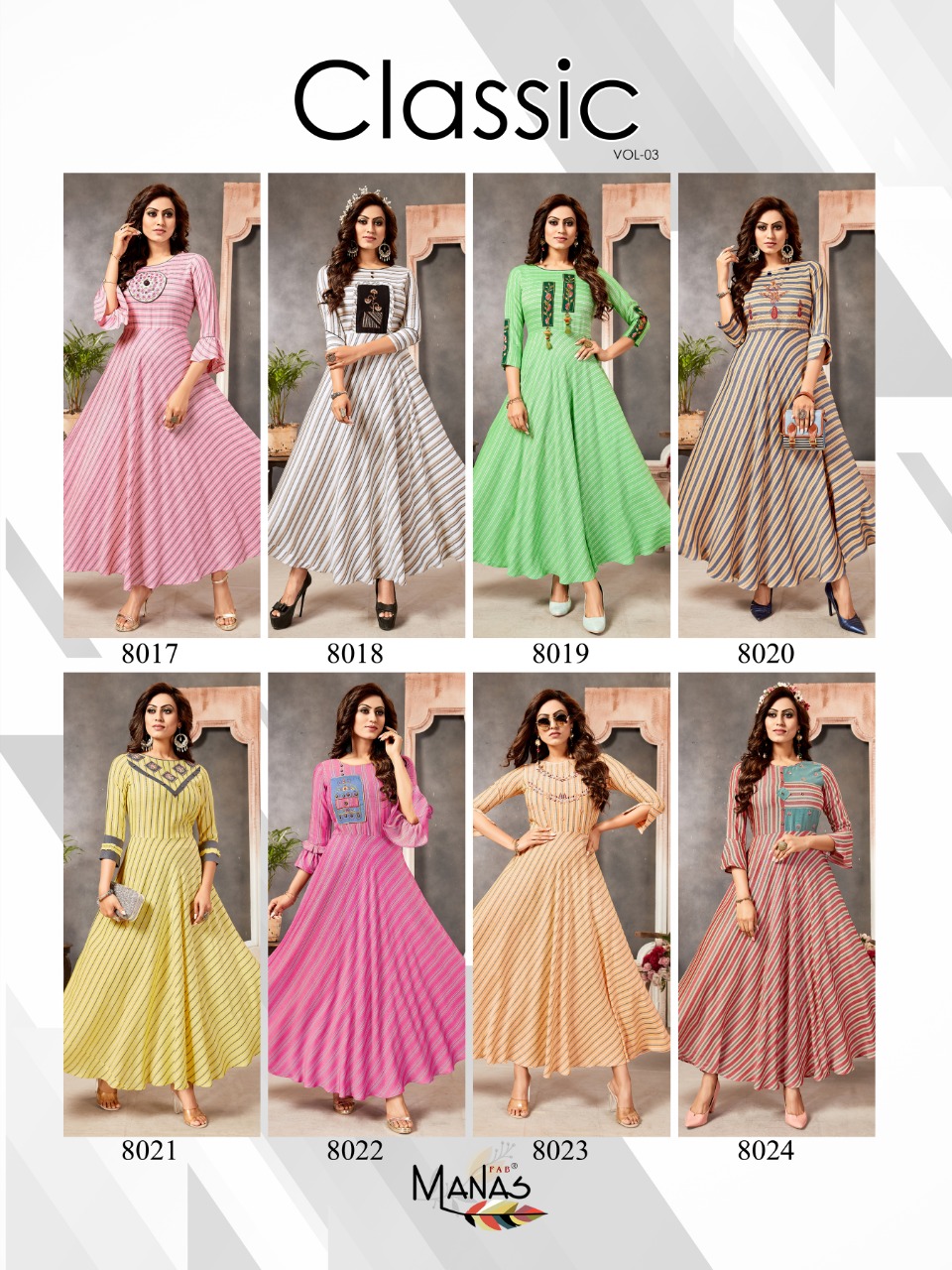 Manas Fab Classic Vol 3 Printed Rayon With Work Long Flair Readymade Kurtis
