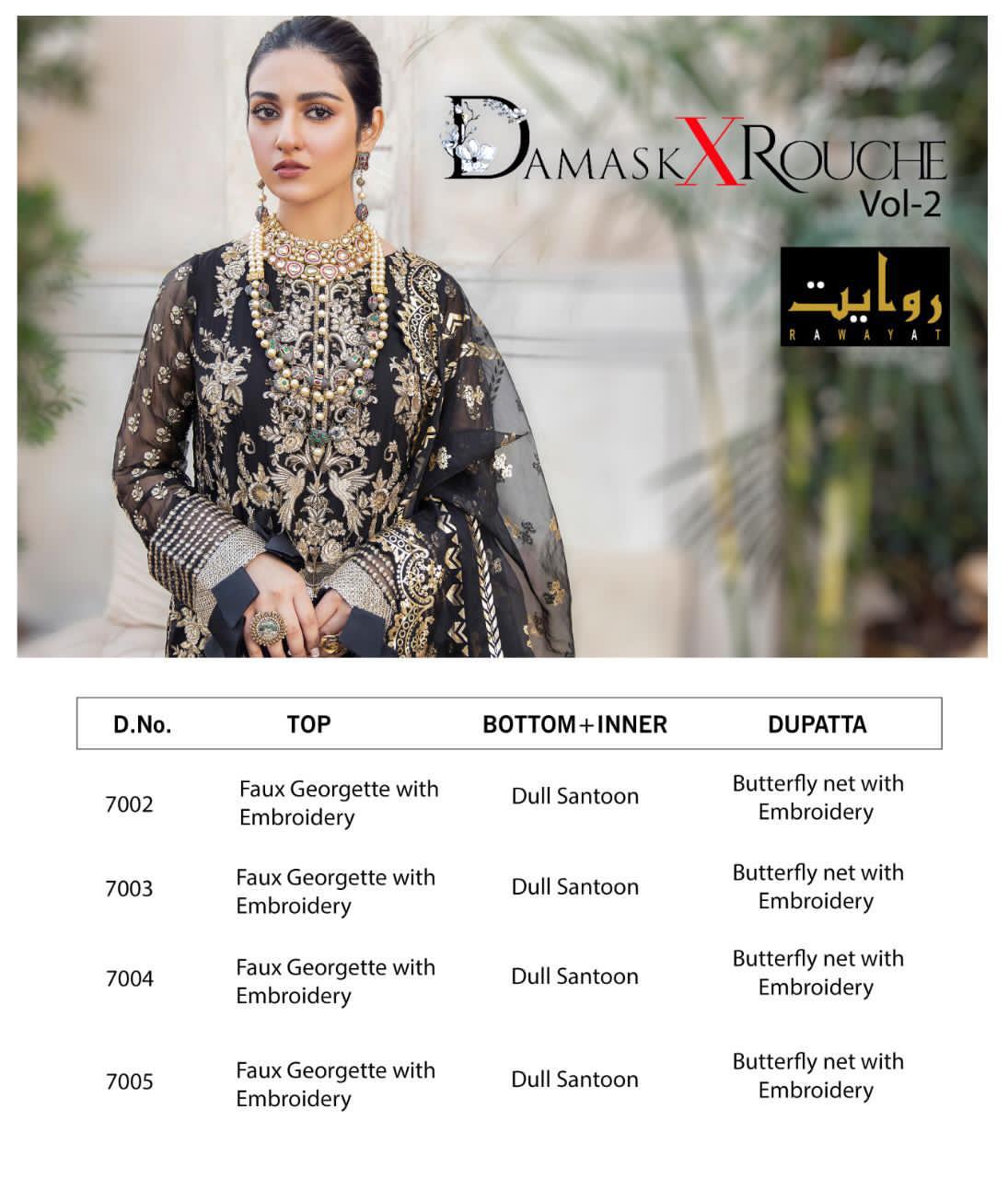 Rawayat Presents Damask X Rouche Vol 2 Fox Georgette With Embroidery Work Pakisatni Suits Wholesale Delar Surat
