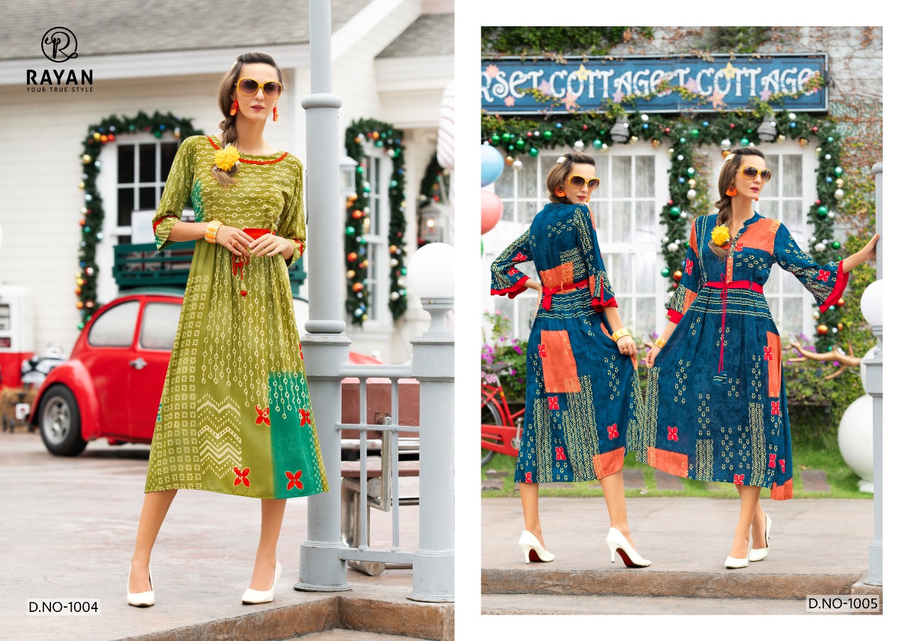 Rayan Glory Printed Rayon Readymade Kurtis Collection At Wholesale Rate
