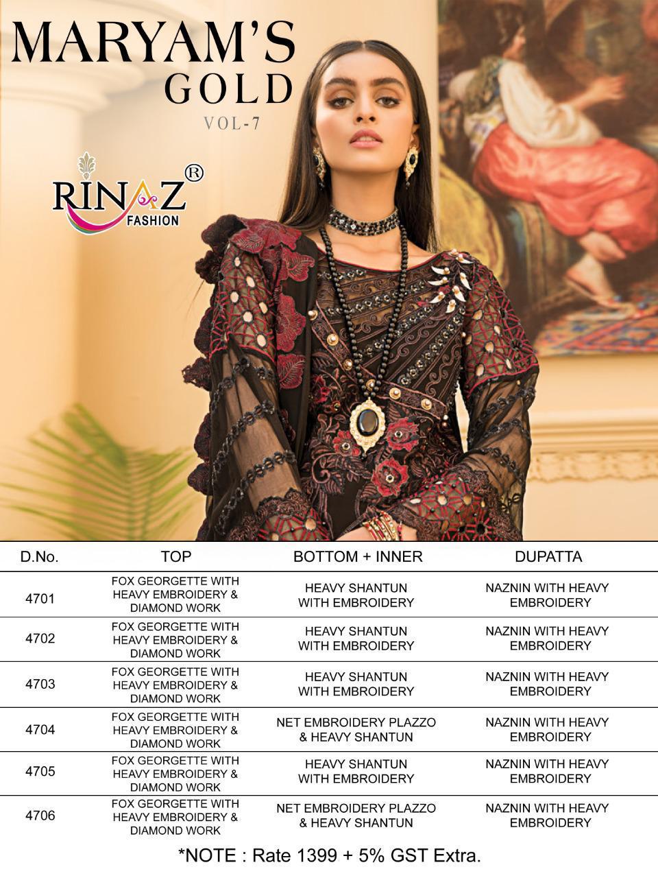 Rinaz Fashion Maryam’s Gold Vol 7 Fox Georgette With Heavy Embroidery Work Pakistani Suits
