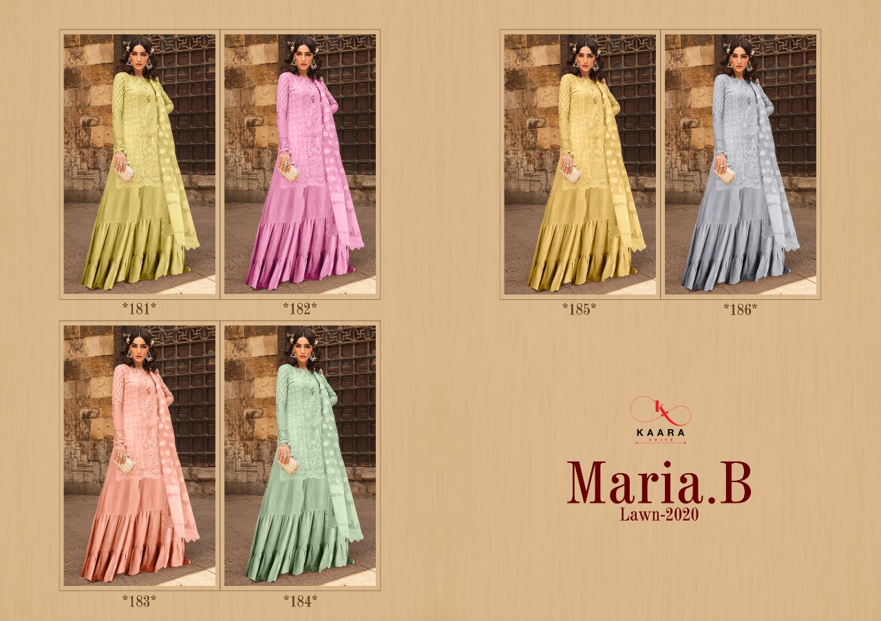Maria.b Lawn 2020 By Kaara Suits 181 To 186 Series Beautiful Suits Stylish Fancy Colorful Party Wear & Ethnic Wear Pure Cotton With Embroidery Dresses At Wholesale Price