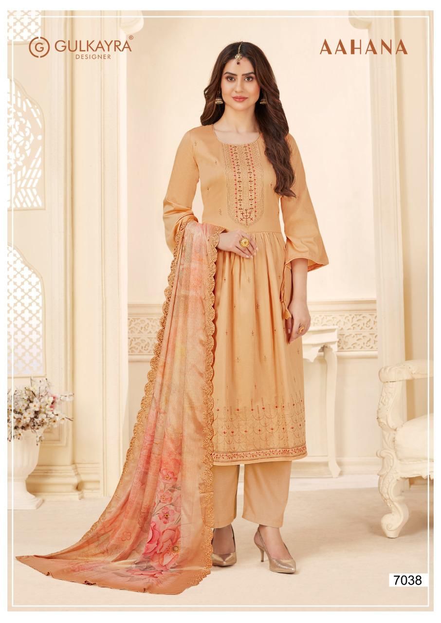 Gulkayra Designer Aahana 7033-7038 Series Jam Silk Fabric Embroidery Work Party Wear Special Dress Material At Saidharanx