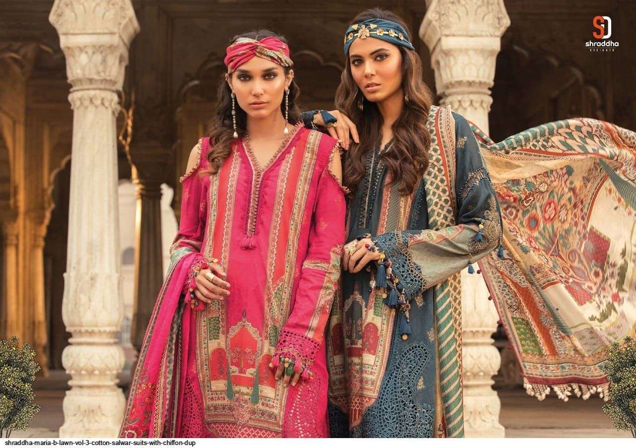 SHRADDHA DESIGNER PRESENT MARIA B VOL 3 LAWN COTTON PAKISTANI SUITS IN WHOLESALE PRICE AT SAIDHARANX 