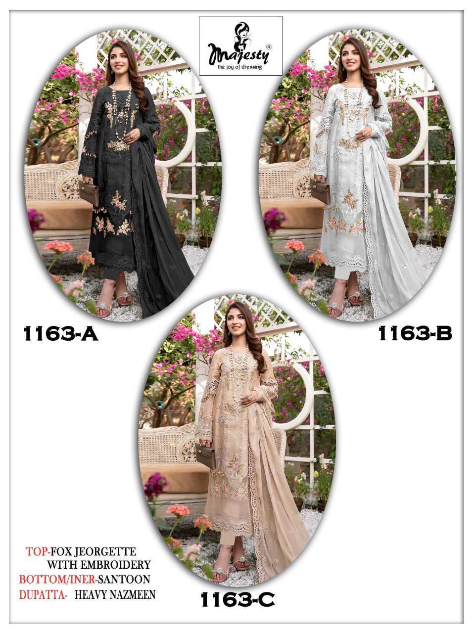 MAJESTY PRESENT MAJESTY D.NO 1163 A TO 1163 C SERIES SEMI STITCHED PAKISTANI DESIGNER SUITS IN WHOLESALE PRICE IN SURAT -  SAIDHARANX 