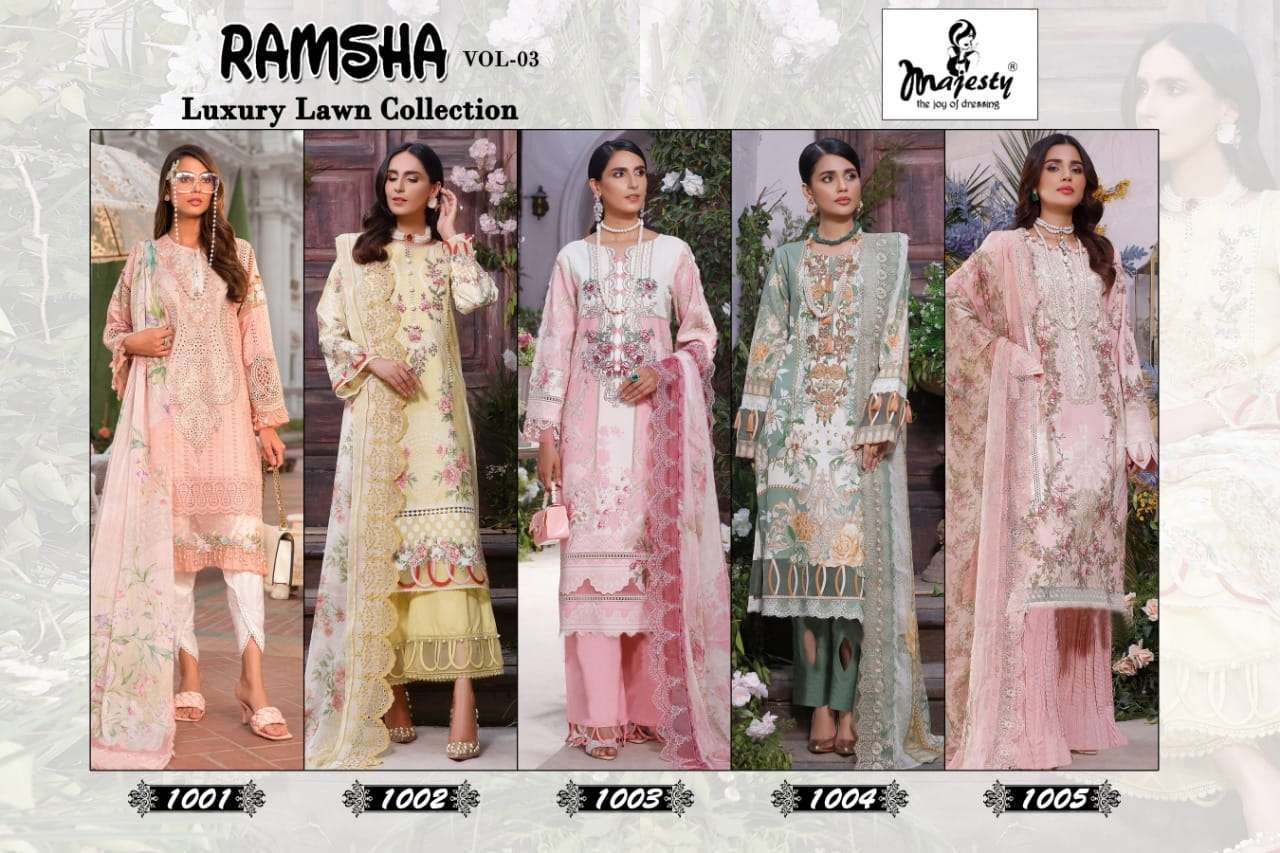 MAJESTY PRESENT RAMSHA VOL- 3 LUXURY LAWN COLLECTION PAKISTANI DESIGNER SUITS IN WHOLESALE PRICE IN SURAT - AT SAIDHARANX 