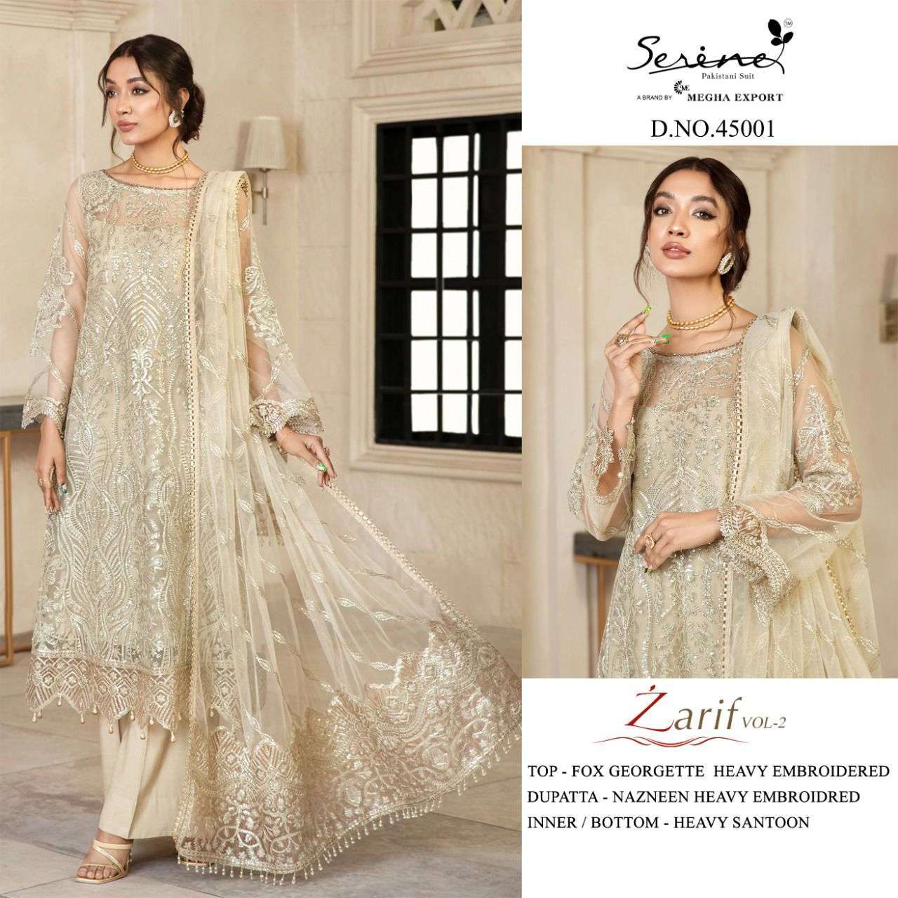 SERENE PRESENT ZARIF VOL 2 GEORGETTE WITH EMBROIDERY SEMI STITCHED PAKISTANI SUITS IN WHOLESALE PRICE IN SURAT - SAI DHARANX 