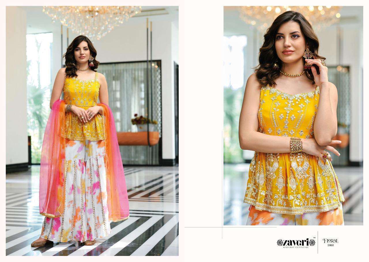 ZAVERI WOMEN FLORAL GEORGETTE READYMADE TOP WITH PALAZZO AND DUPATTA WHOLESALE RATE IN SURAT - SAIDHARANX