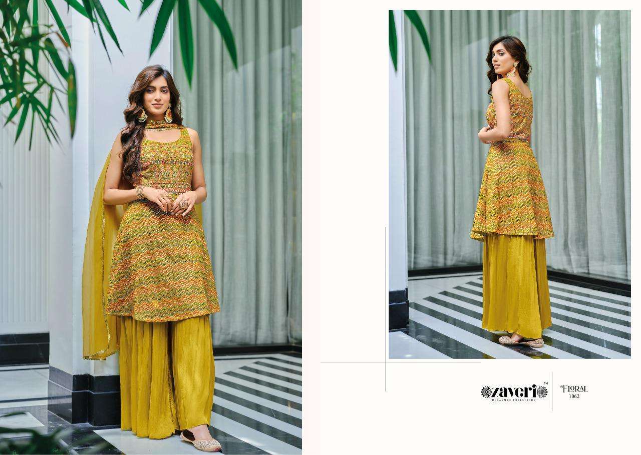 ZAVERI WOMEN FLORAL GEORGETTE READYMADE TOP WITH PALAZZO AND DUPATTA WHOLESALE RATE IN SURAT - SAIDHARANX
