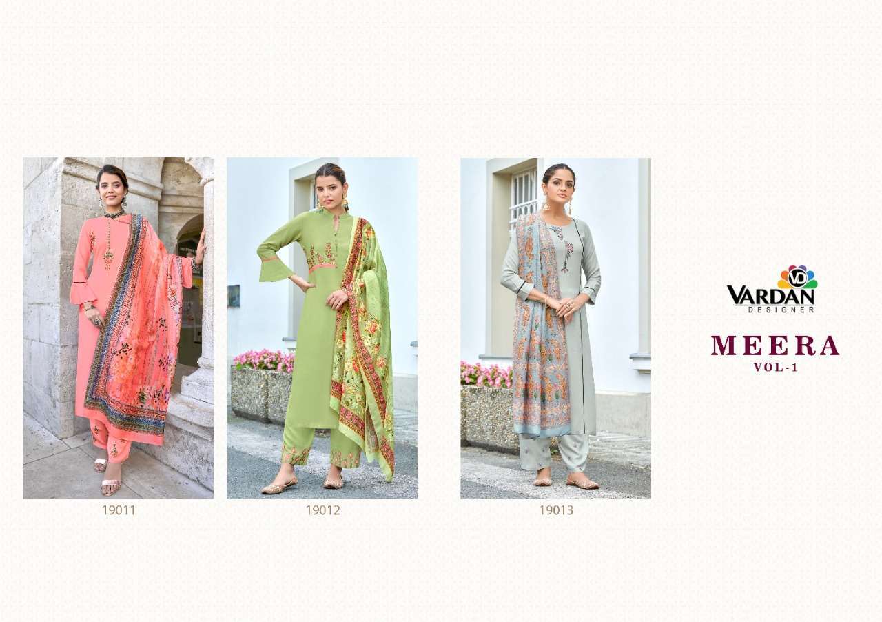 MEERA VOL 1 BY VARDAN RAYON FULL STITCH 3 PIECE COLLECTION WHOLESALE PRICE IN SURAT - SAIDHARANX 