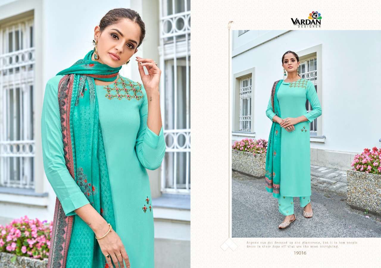 MEERA VOL-2 BY VARDAN DESIGNER 19014 TO 19016 SERIES BEAUTIFUL SUITS COLORFUL STYLISH FANCY CASUAL WEAR & ETHNIC WEAR RAYON EMBROIDERED DRESSES AT WHOLESALE PRICE IN SURAT - SAIDHARANX 