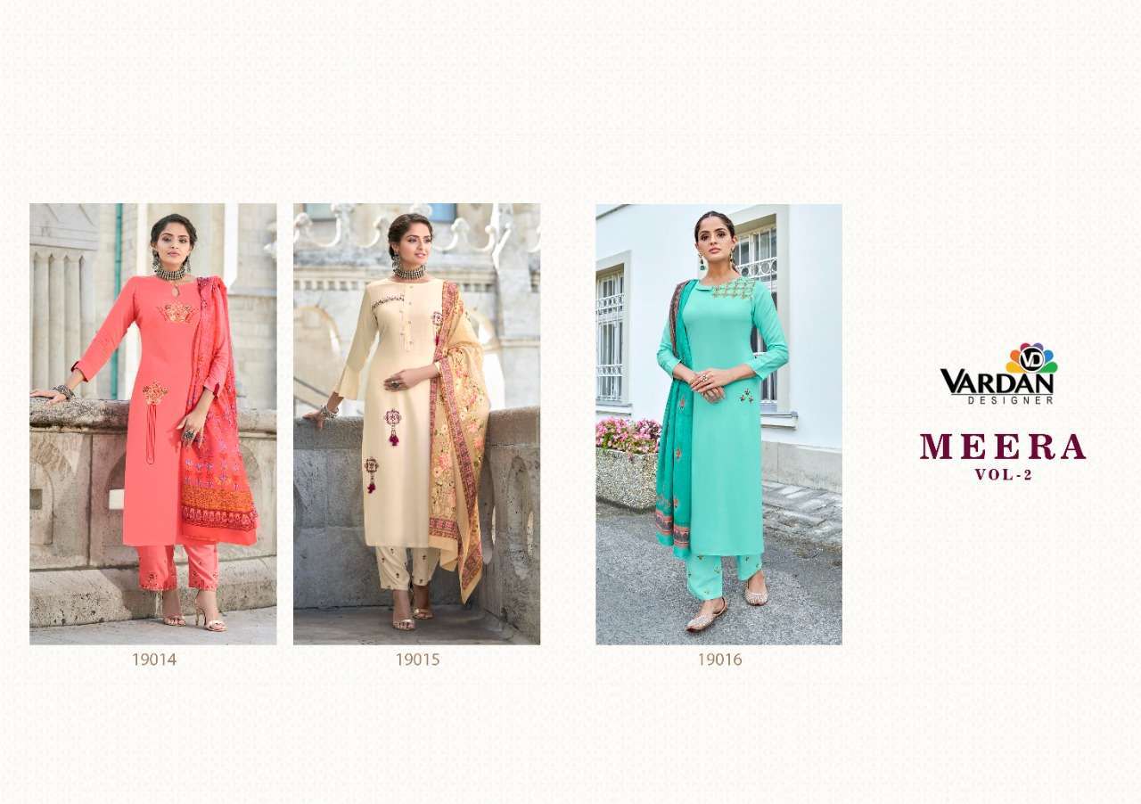 MEERA VOL-2 BY VARDAN DESIGNER 19014 TO 19016 SERIES BEAUTIFUL SUITS COLORFUL STYLISH FANCY CASUAL WEAR & ETHNIC WEAR RAYON EMBROIDERED DRESSES AT WHOLESALE PRICE IN SURAT - SAIDHARANX 