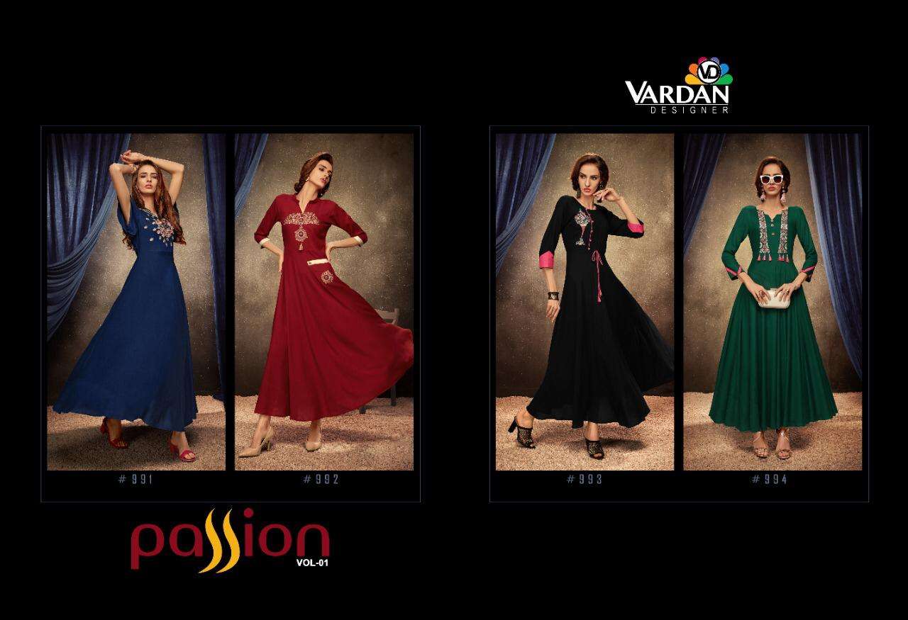 PASSION VOL 1 BY VARDAN RAYON LONG KURTIS GOOD LOOKING COLLECTION WHOLESALE RATE IN SURAT - SAIDHARANX 