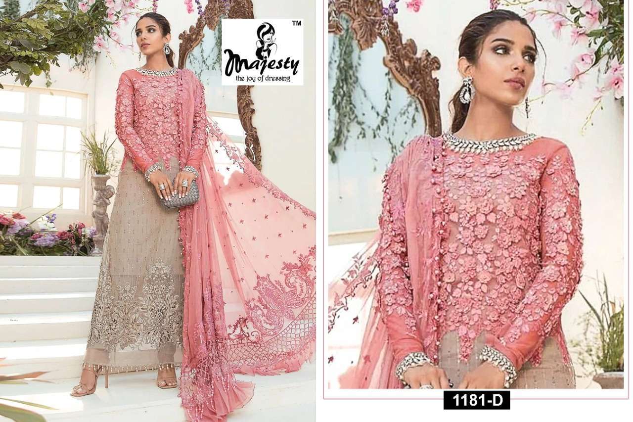 MAJESTY PRESENT MAJESTY D.NO 1181 A TO 1181 D SEMI STITCHED EMBROIDERED DESIGNER SUITS IN WHOLESALE RATE IN SURAT - SAI DHARANX 