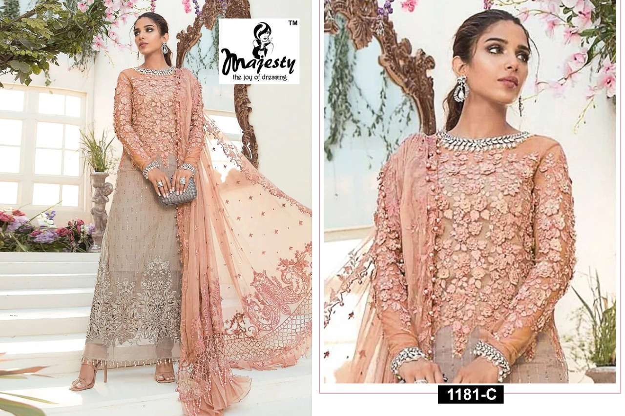MAJESTY PRESENT MAJESTY D.NO 1181 A TO 1181 D SEMI STITCHED EMBROIDERED DESIGNER SUITS IN WHOLESALE RATE IN SURAT - SAI DHARANX 