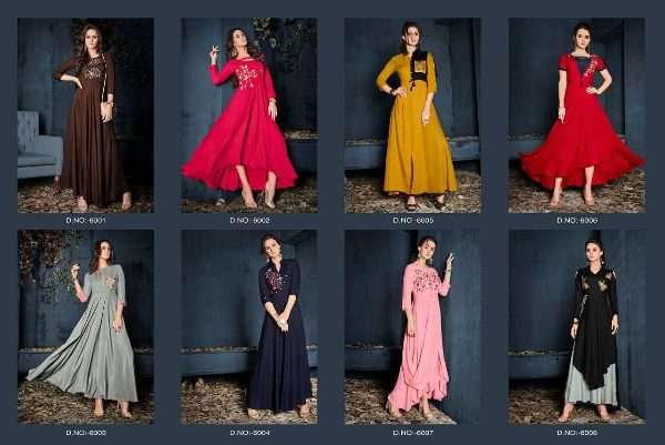 Vardan Designer Gulnaz Vol-1 6001 To 6008 Series Exclusive Rayon Long Kurtis Collection At Wholesale Price In Surat - Saidharanx 