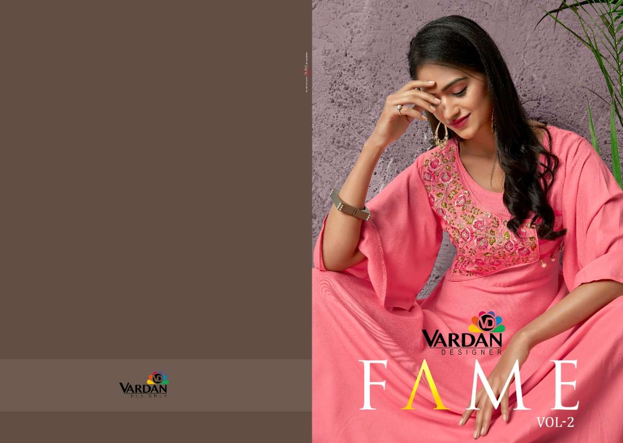 VARDAN FAME VOL 2 RAYON LONG GOWN STYLE KURTIS LATEST COLLECTION WHOLESALE RATE IB SURAT - SAIDHARANX 