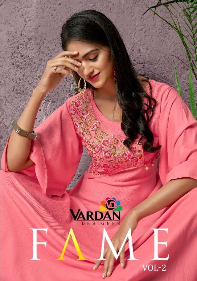VARDAN FAME VOL 2 RAYON LONG GOWN STYLE KURTIS LATEST COLLECTION WHOLESALE RATE IB SURAT - SAIDHARANX 