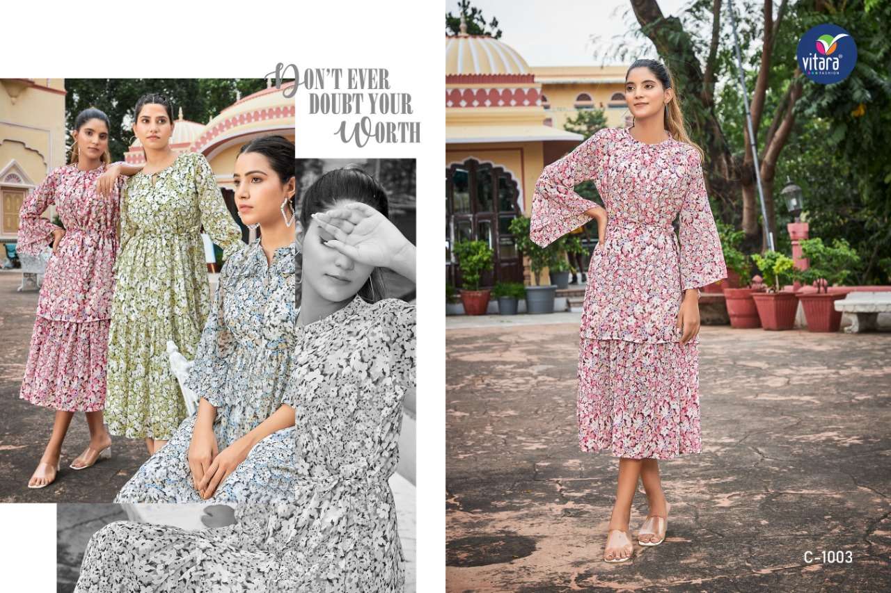 VITARA FASHION CLINTON GEORGETTE PRINTED LONG KURTI COLLECTION WHOLESALE RATE IN SURAT -  SAIDHARANX 