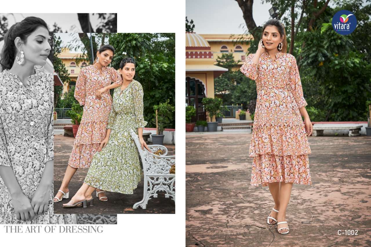 VITARA FASHION CLINTON GEORGETTE PRINTED LONG KURTI COLLECTION WHOLESALE RATE IN SURAT -  SAIDHARANX 