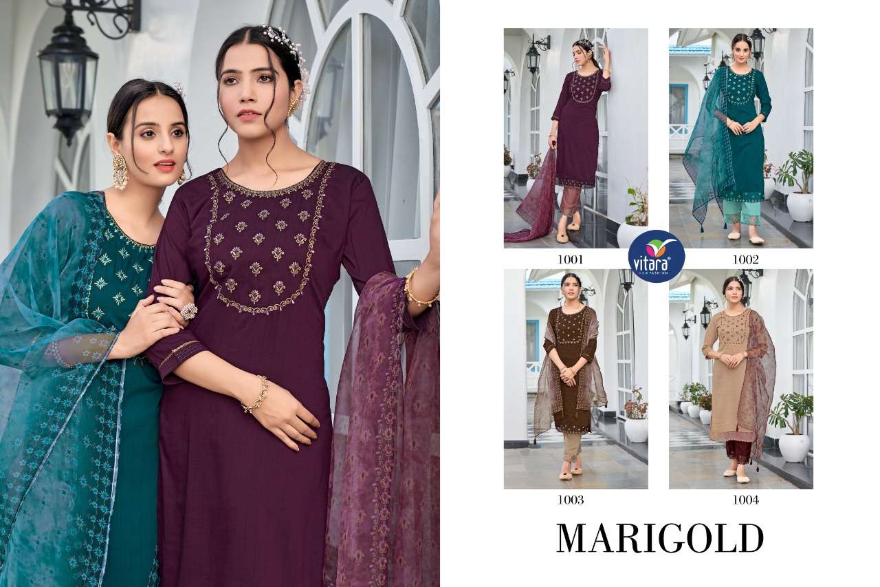 Vitara Fashion Marigold Suniyo Silk Ready Made Suits ( 4 Pcs Catalog ) Wholesale Rate In Surat - SaiDharaNx 