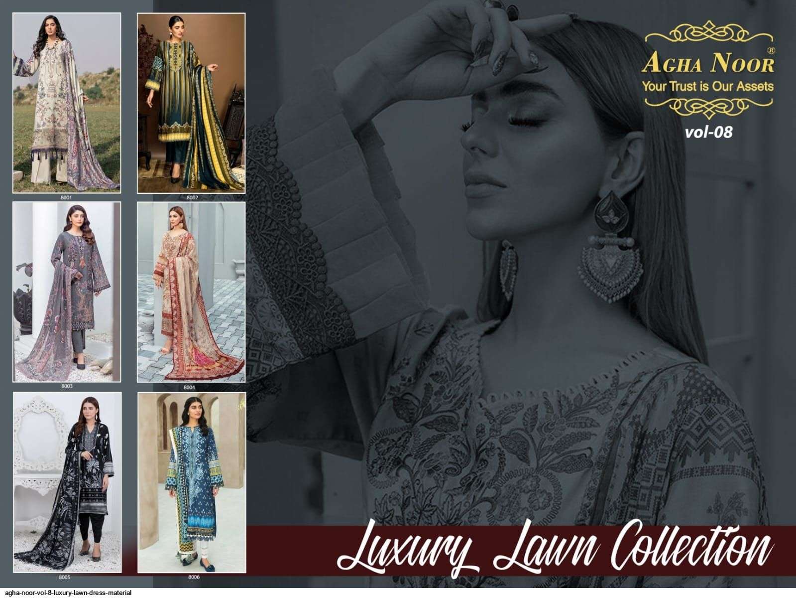 AGHA NOOR VOL 8 LUXURY LAWN DRESS MATERIAL WHOLESALE RATE IN SURAT - SAIDHARANX 