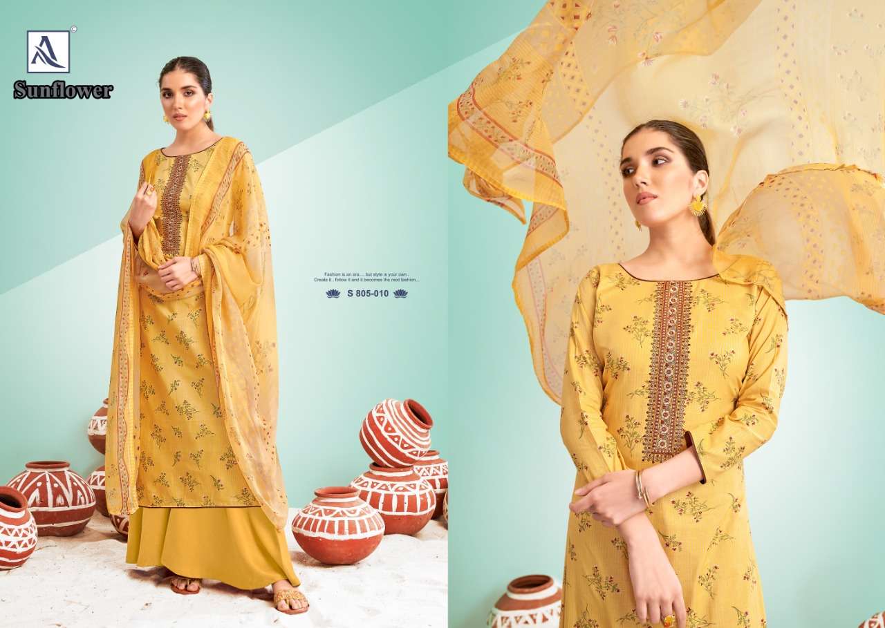 Alok Sunflower Wholesale Pure Cambric Cotton With Neck Embroidery Dress Material Wholesale Rate In Surat - SaiDharaNx 