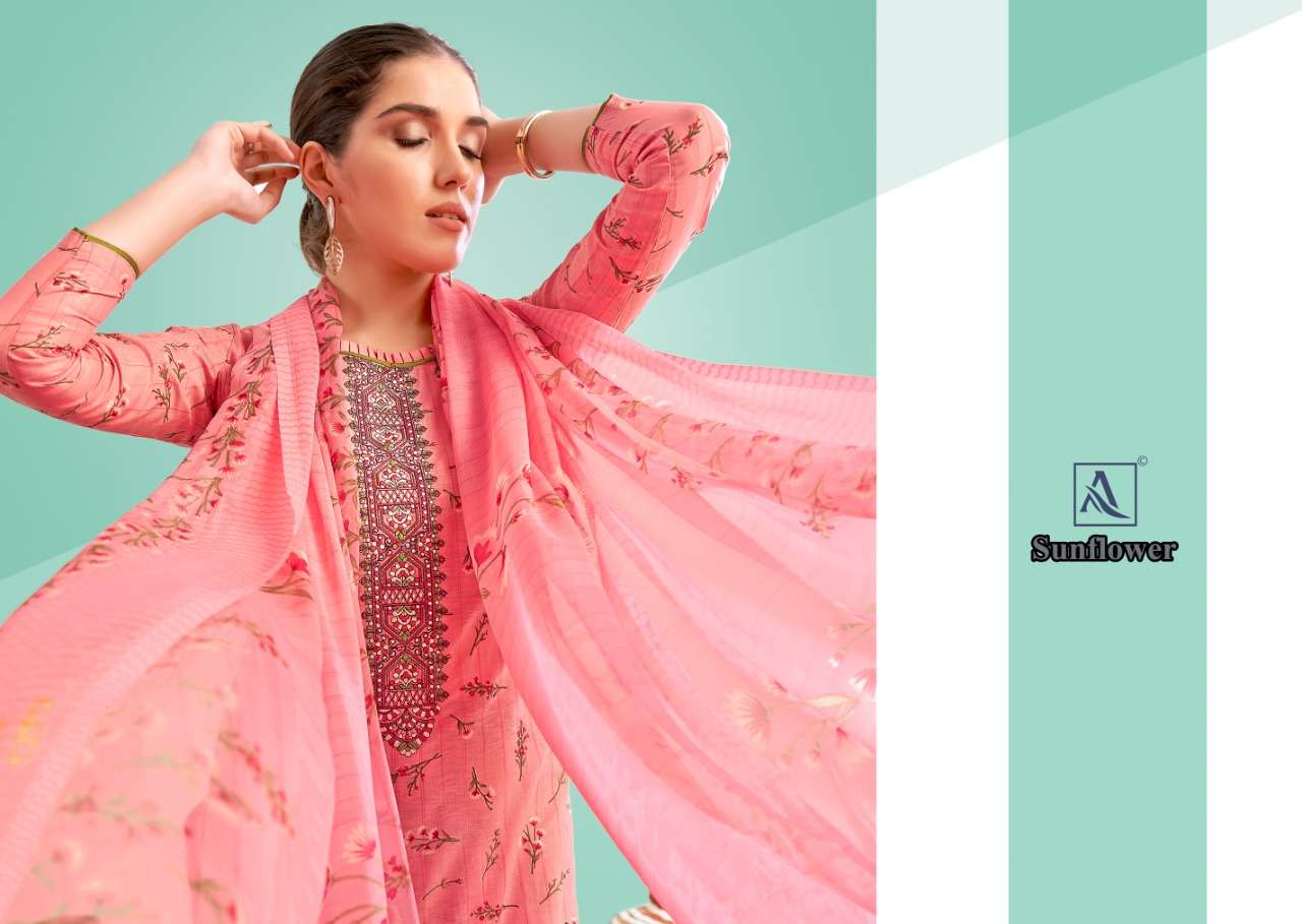 Alok Sunflower Wholesale Pure Cambric Cotton With Neck Embroidery Dress Material Wholesale Rate In Surat - SaiDharaNx 