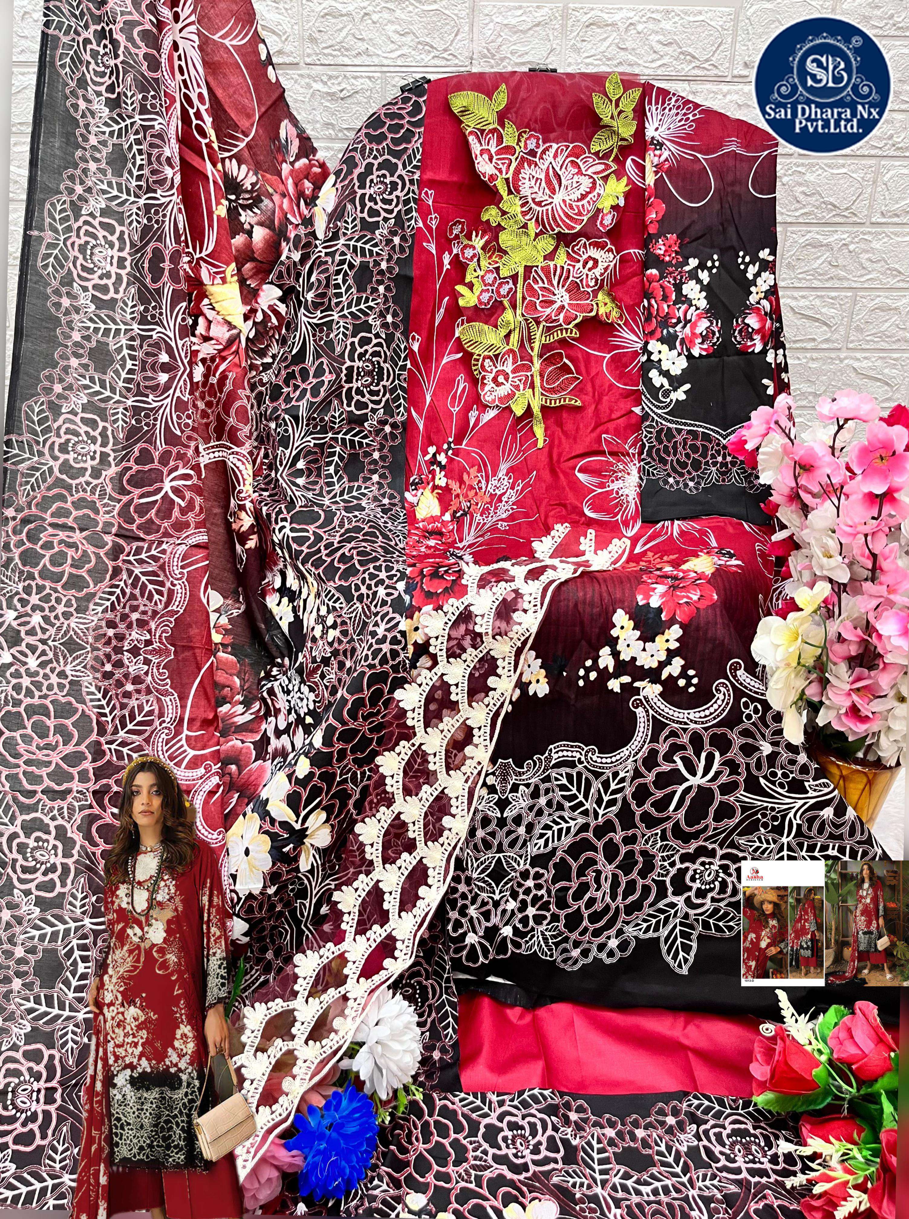 AASHA DESIGNER PRESENTS PURE COTTON PATCH EMBROIDERY WORK HEAVY 3 PAKISTANI PIECE SUIT MATERIAL WHOLESALE SHOP IN SURAT - SaiDharaNx