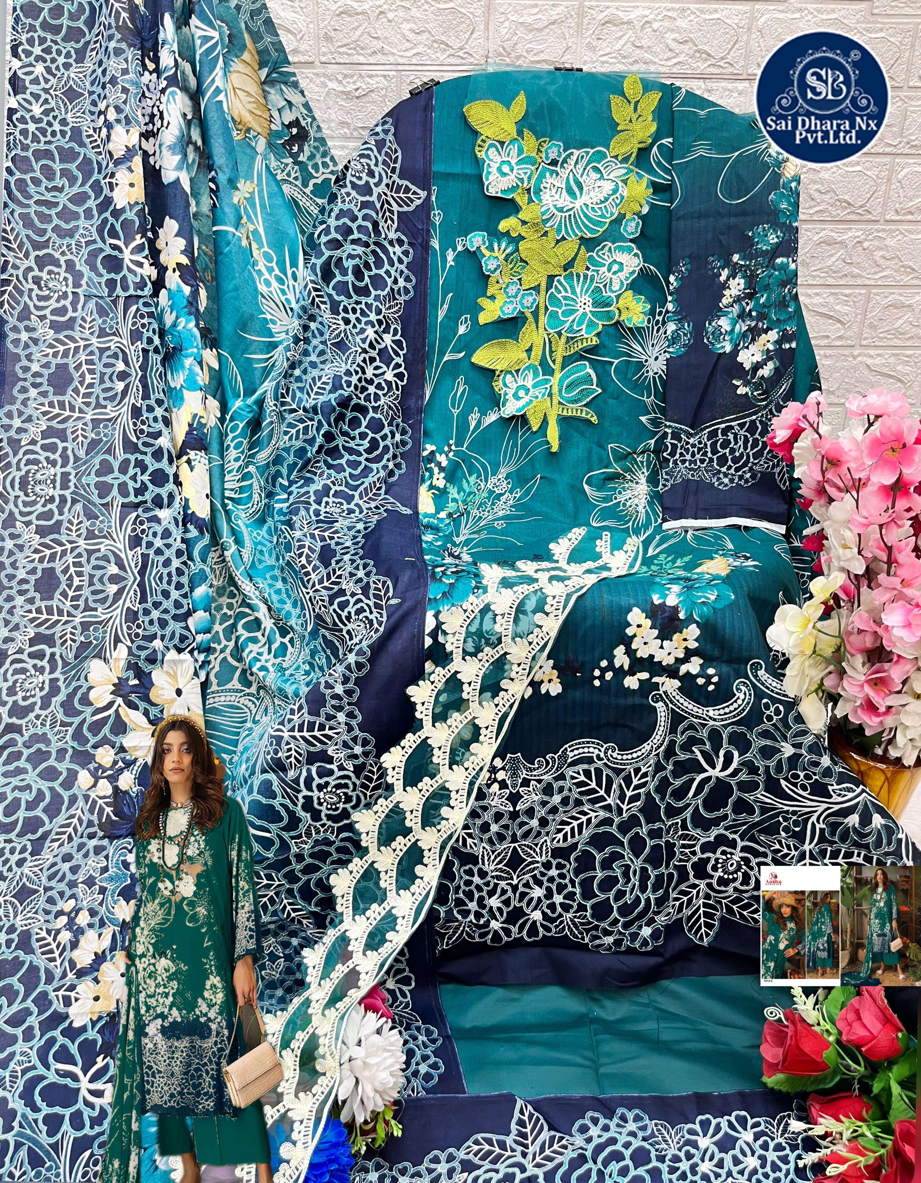 AASHA DESIGNER PRESENTS PURE COTTON PATCH EMBROIDERY WORK HEAVY 3 PAKISTANI PIECE SUIT MATERIAL WHOLESALE SHOP IN SURAT - SaiDharaNx