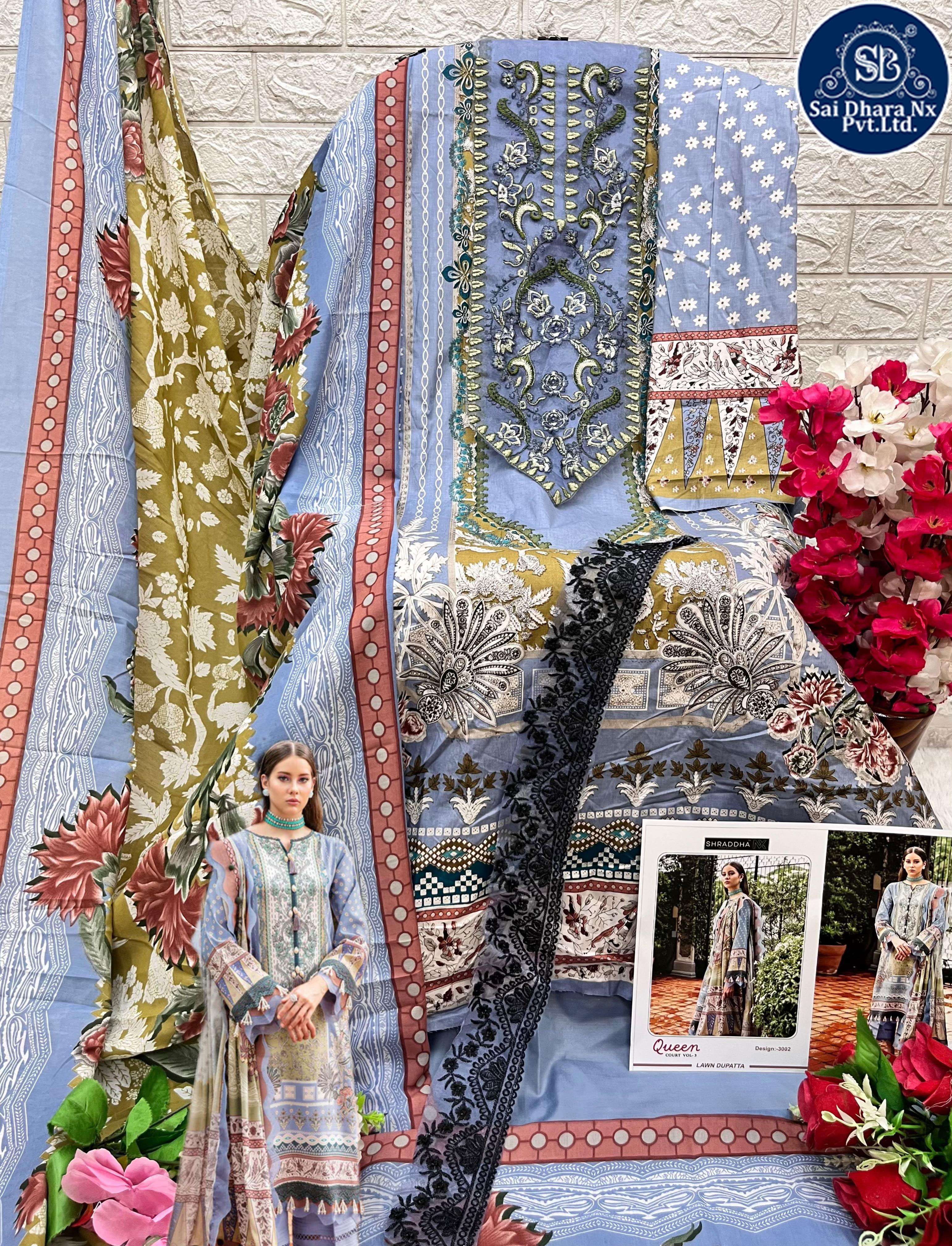MAHGUL PRESENTS LAWN COTTON PRINTED QUEEN QOURT PAKISTANI SUIT DRESS MATERIAL WHOLESALE SHOP IN SURAT - SaiDharaNx
