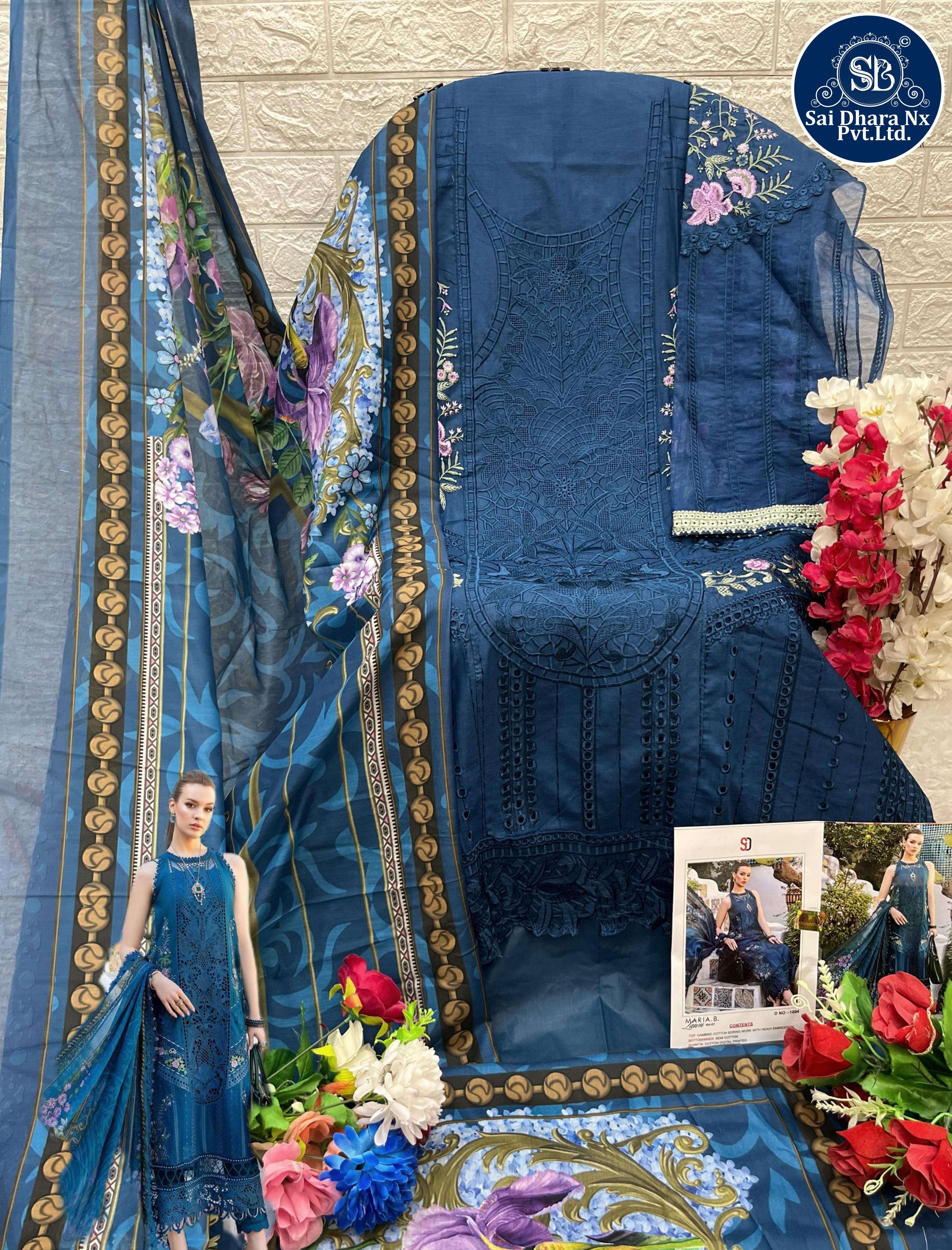 SHRADDHA DESIGNER MARIA B LAEN VOL 1 NX PURE COTTON EMBROIDERED CHIKANKARI WORK PAKISTANI SUIT MATERIAL WHOLESALE SHOP IN SURAT - SaiDharaNx